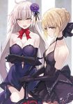  ahoge artist_name artoria_pendragon_(all) black_bow black_dress black_gloves black_legwear blonde_hair bow breasts choker cleavage collarbone cowboy_shot crossed_arms dress elbow_gloves eyebrows_visible_through_hair fate/grand_order fate_(series) flower gloves hair_between_eyes hair_bow hair_flower hair_ornament highres holding holding_sword holding_weapon jeanne_d'arc_(alter)_(fate) jeanne_d'arc_(fate)_(all) large_breasts long_hair looking_at_viewer medium_breasts multiple_girls nanananana navel_cutout open_mouth purple_flower red_ribbon ribbon ribbon_choker saber_alter short_dress sidelocks silver_hair sleeveless sleeveless_dress source_request standing strapless strapless_dress sword thighhighs very_long_hair weapon yellow_eyes 
