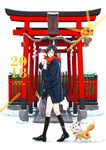  2018 bag black_gloves black_hair black_legwear fox gloves haori happy_new_year highres japanese_clothes kneehighs konnosuke male_focus new_year purple_eyes rope shide shimenawa shopping_bag shorts snow spring_onion torii touken_ranbu twoframe walking yagen_toushirou 