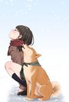  animal black_hair black_legwear blush closed_eyes clothed_animal dog from_side highres howling jacket karakusa_(pattern) kneehighs long_hair musco original pet_play profile scarf shiba_inu skirt snow snowing squatting symmetrical_pose 