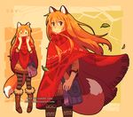  animal_ears bag boots commentary dav-19 fox_ears fox_girl fox_tail fur-trimmed_boots fur_trim handbag leaf long_hair orange_hair original pantyhose patricia_(dav-19) paw_print poncho smile solid_oval_eyes tail wind 