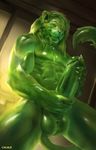  2018 abs anthro balls biceps big_penis chunie claws detailed_background digital_media_(artwork) erection feline goo goo_creature green_eyes hi_res humanoid_penis lion looking_at_viewer looking_down male mammal mane masturbation muscular muscular_male nude pecs penile_masturbation penis precum slime smile solo teeth 