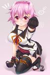  black_legwear black_skirt blush breasts commentary_request hair_between_eyes highres kantai_collection ko_yu medium_breasts motion_lines pink_hair pleated_skirt red_eyes remodel_(kantai_collection) short_hair short_sleeves skirt smile solo star tama_(kantai_collection) thighhighs 