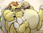 2015 3_toes anthro belly big_belly bowser claws digital_drawing_(artwork) digital_media_(artwork) eating hair koopa male mario_bros nintendo nixx nude open_mouth overweight red_hair sandwich_(disambiguation) scalie shell simple_background solo sound_effects teeth text toe_claws toes tongue video_games weight_gain 
