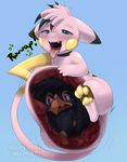  blue_eyes burping fur hybrid internal kazim legendary_pok&eacute;mon mew murkrow nintendo nummynumz open_mouth pink_fur pok&eacute;mon pok&eacute;mon_(species) raichu simple_background video_games vore 