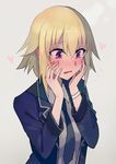  bangs blazer blonde_hair blush commentary_request embarrassed eyebrows_visible_through_hair fate/apocrypha fate_(series) flying_sweatdrops formal hair_between_eyes hands_on_own_cheeks hands_on_own_face heart jacket jeanne_d'arc_(fate) jeanne_d'arc_(fate)_(all) looking_down necktie open_mouth purple_eyes solo upper_body walzrj wristband 