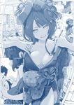  1girl bangs bare_shoulders blue bodypaint breasts calligraphy_brush comic commentary_request fate/grand_order fate_(series) flower fujimaru_ritsuka_(male) grin hair_flower hair_ornament japanese_clothes katsushika_hokusai_(fate/grand_order) kimono looking_at_viewer medium_breasts messy_room monochrome no_eyes obi octopus open_clothes open_kimono paintbrush pov sash short_hair silent_comic smile syatey teasing tokitarou_(fate/grand_order) undressing 