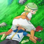  1boy 1girl absurdres ass bel_(pokemon) blonde_hair blush breasts clothed_sex cunnilingus dress erection facesitting feet girl_on_top grass hat highres looking_back lying on_back on_grass pants pantylines peeing pokemon pokemon_(anime) saliva satoshi_(pokemon) sex shoes_removed short_hair single_shoe sitting white_dress 