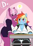  anthro anthrofied blush book breasts bulge cheerilee_(mlp) cleavage clothed clothing desk dickgirl duo equine female friendship_is_magic hair horse intersex light_bulb mammal multicolored_hair my_little_pony panties pony rainbow_dash_(mlp) rainbow_hair sweat tsudanym underwear 