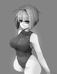  bangs bare_arms bare_shoulders blunt_bangs breasts commentary cowboy_shot cropped_legs expressionless grey_background greyscale hair_intakes highleg highleg_leotard highres large_breasts leotard monochrome original short_hair simple_background sketch solo standing sub-res 