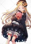  abigail_williams_(fate/grand_order) bangs black_bow black_dress black_hat blonde_hair bloomers blue_eyes bow bug butterfly commentary_request dress fate/grand_order fate_(series) forehead hair_bow hat holding holding_stuffed_animal insect long_hair long_legs long_sleeves looking_at_viewer orange_bow parted_bangs parted_lips polka_dot polka_dot_bow sleeves_past_fingers sleeves_past_wrists sola_(solo0730) solo stuffed_animal stuffed_toy teddy_bear underwear very_long_hair white_bloomers 