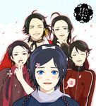  ^_^ black_hair blue_eyes brown_hair closed_eyes grin hair_ornament hairclip horikawa_kunihiro izumi-no-kami_kanesada jacket japanese_clothes kashuu_kiyomitsu male_focus mole mole_under_eye mole_under_mouth multiple_boys nagasone_kotetsu nail_polish open_mouth petals ponytail red_eyes red_nails scarf smile touken_ranbu touken_ranbu:_hanamaru track_jacket twoframe v yamato-no-kami_yasusada 