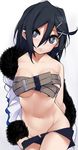  asagiri_asagi belt beltbra black_eyes black_hair breasts bright_pupils closed_mouth coat commentary_request disgaea expressionless eyebrows_visible_through_hair eyes_visible_through_hair fur_trim hair_ornament hairclip highres kochiya_(gothope) large_breasts looking_at_viewer navel nippon_ichi partial_commentary shiny shiny_hair shiny_skin short_hair shorts shorts_pull solo thighhighs white_background 