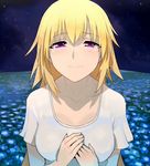  blonde_hair blouse casual contemporary eyebrows_visible_through_hair fate/apocrypha fate_(series) field flower flower_field hair_between_eyes hands_on_own_chest jeanne_d'arc_(fate) jeanne_d'arc_(fate)_(all) long_hair looking_at_viewer night night_sky purple_eyes shiny shiny_skin shirt sky smile solo star_(sky) upper_body walzrj white_shirt 