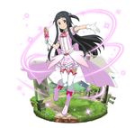  black_eyes black_hair boots bow floating_hair full_body gloves hair_bobbles hair_ornament holding holding_wand layered_skirt long_hair looking_at_viewer magical_girl miniskirt official_art outstretched_arm pink_footwear pink_neckwear pink_skirt red_bow short_sleeves simple_background skirt smile solo sword_art_online sword_art_online:_code_register thighhighs two_side_up very_long_hair wand white_background white_gloves white_legwear yui_(sao) 
