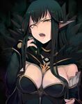  adjusting_hair angry bare_shoulders between_breasts black_hair breasts detached_sleeves fate/apocrypha fate_(series) highres long_hair medium_breasts open_mouth pointy_ears semiramis_(fate) sidelocks slit_pupils solo upper_body walzrj yellow_eyes 