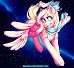  2018 blonde_hair blue_eyes bow digital_drawing_(artwork) digital_media_(artwork) equine fan_character feathered_wings feathers feral fur hair hooves horse ka-samy long_hair looking_at_viewer mammal my_little_pony pegasus pink_feathers pink_fur pink_hooves pony ribbons sky smile solo space star wings 