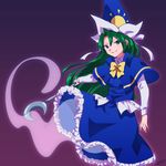  2018 arm_at_side blue_capelet blue_hat blue_shirt blue_skirt bow bowtie breasts buttons capelet closed_mouth collared_shirt crescent_moon dark_green_hair dated eyebrows frilled_skirt frills ghost_tail gradient gradient_background green_eyes green_hair hat hat_ribbon highres holding holding_staff long_hair looking_away medium_breasts mima moon multicolored multicolored_background purple_background ribbon see-through shikido_(khf) shirt single_hair_intake skirt smile solo staff sun sun_print touhou touhou_(pc-98) tsurime two-tone_background undershirt white_ribbon white_shirt wizard_hat yellow_bow yellow_neckwear 