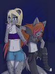  bandeau breasts canine clothing couple_(disambiguation) cutoffs denim_shorts dream_mirage emo feline female folf fox hybrid kayla_kitsune leopard mammal rayne shorts simple_background snow_leopard teenager wolf young 