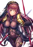  armor bodysuit breasts commentary covered_navel dual_wielding fate/grand_order fate_(series) gae_bolg highres holding holding_weapon large_breasts long_hair looking_at_viewer pauldrons polearm purple_bodysuit purple_hair red_eyes scathach_(fate)_(all) scathach_(fate/grand_order) shiny shiny_clothes shoulder_armor solo spear tako_seijin veil weapon 