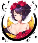  band-width bare_shoulders blue_eyes blush breasts cleavage closed_mouth collarbone fate/grand_order fate_(series) flower hair_flower hair_ornament hair_stick ink japanese_clothes katsushika_hokusai_(fate/grand_order) kimono large_breasts looking_at_viewer off_shoulder open_clothes open_kimono purple_hair shiny shiny_hair short_hair simple_background smile solo tsurime upper_body white_background 