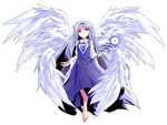  absurdly_long_hair alphes_(style) angel angel_wings bangs bare_legs barefoot blue_hair breasts closed_mouth collarbone collared_shirt dairi dress eyebrows eyebrows_visible_through_hair feathered_wings feathers full_body hair_intakes highres holding left-handed long_hair long_sleeves multiple_wings parody parted_bangs purple_dress red_eyes sariel scepter seraph shirt small_breasts smile solo style_parody touhou touhou_(pc-98) transparent_background undershirt very_long_hair white_wings wide_sleeves wings 