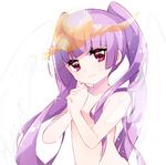  bangs blunt_bangs blush closed_mouth collarbone commentary eyebrows_visible_through_hair feathered_wings hands_clasped head_tilt headpiece long_hair looking_at_viewer nude own_hands_together pikomarie purple_eyes puzzle_&amp;_dragons red_eyes solo sparkle twintails very_long_hair white_background white_wings wings yomi_(p&amp;d) 