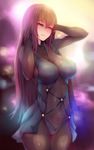  armor bodysuit breasts commentary_request covered_navel fate/grand_order fate_(series) heart_tattoo large_breasts long_hair looking_at_viewer navel nikuku_(kazedesune) pubic_tattoo purple_bodysuit purple_hair red_eyes scathach_(fate)_(all) scathach_(fate/grand_order) solo tattoo 