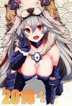  all_fours berserker_(granblue_fantasy) breasts cleavage cosplay draph fang granblue_fantasy greaves horns large_breasts looking_at_viewer open_mouth red_eyes smile solo tenken_(gotannda) thalatha_(granblue_fantasy) v 