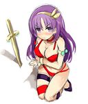  arm_support bangs bare_shoulders bikini blush bracelet breast_hold breasts cleavage closed_mouth eyebrows_visible_through_hair hair_between_eyes hairband halter_top halterneck jewelry kurasuke long_hair looking_at_viewer medium_breasts nose_blush planted_sword planted_weapon princess_athena purple_eyes purple_footwear purple_hair red_bikini sketch snk solo swimsuit sword thigh_strap torn_bikini v-shaped_eyebrows very_long_hair weapon white_background yellow_hairband 