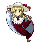  bangs blonde_hair blush dress elly eyebrows_visible_through_hair hat hat_ornament highres long_sleeves looking_at_viewer parted_bangs red_dress sasa_kichi scythe short_hair smile solo touhou touhou_(pc-98) white_hat 