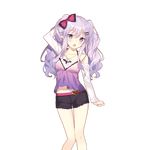  arm_up bow clenched_hand collarbone fang hair_bow hair_ornament hairclip halterneck hand_behind_head jewelry lavender_hair long_hair long_sleeves looking_at_viewer miss_barbara necklace official_art open_mouth pointy_ears purple_eyes rie_(reverie) shorts solo transparent_background twintails uchi_no_hime-sama_ga_ichiban_kawaii 