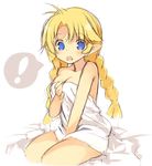  1girl :o bangs bed_sheet blonde_hair blue_eyes blush braid breasts cleavage copyright_request elf eyebrows_visible_through_hair hair_between_eyes kurasuke long_hair looking_at_viewer low_twintails medium_breasts naked_sheet on_bed open_mouth pointy_ears sitting sketch solo spoken_exclamation_mark twin_braids twintails upper_teeth very_long_hair 