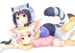  animal_ears arare_mochiko black_gloves black_hair black_skirt blonde_hair brown_eyes commentary_request common_raccoon_(kemono_friends) d: extra_ears fennec_(kemono_friends) fox_ears fur_collar girl_on_top gloves grey_hair hand_on_another's_head highres kemono_friends lying miniskirt multicolored_hair multiple_girls on_stomach open_mouth pantyhose pink_sweater pleated_skirt puffy_short_sleeves puffy_sleeves raccoon_ears raccoon_tail short_hair short_sleeve_sweater short_sleeves skirt striped_tail sweater tail thighhighs white_background white_gloves white_hair white_legwear white_skirt yellow_legwear 