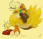  ambiguous_gender anthro avian beak bird chocobo dialogue digital_drawing_(artwork) digital_media_(artwork) english_text feathers final_fantasy hi_res large_feet mao_otter neckerchief open_mouth simple_background solo speech_bubble square_enix stormdragonblue talons text toes tongue tongue_out transformation video_games yellow_background yellow_feathers 