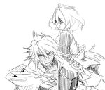  2boys ahoge armor bangs dark_skin eyebrows_visible_through_hair fate/apocrypha fate_(series) gauntlets greyscale hair_between_eyes kuili_san long_hair long_sleeves looking_back male_focus monochrome multiple_boys pants saber_of_black shirt short_hair sieg_(fate/apocrypha) waistcoat white_background 