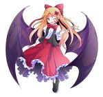  ;d alphes_(style) bat_wings black_footwear black_vest blonde_hair bow bowtie collared_shirt dairi elis_(touhou) eyebrows eyebrows_visible_through_hair facial_mark fang fingernails flat_chest flower frilled_skirt frills full_body hair_bow hair_flower hair_ornament holding holding_wand index_finger_raised left-handed loafers long_hair long_skirt long_sleeves looking_at_viewer one_eye_closed open_clothes open_mouth open_vest parody pointy_ears puffy_long_sleeves puffy_sleeves purple_eyes red_bow red_neckwear red_skirt shirt shoes skirt smile solo star style_parody touhou touhou_(pc-98) transparent_background vest wand white_legwear white_shirt wings 