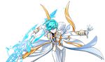  absurdres ainchase_ishmael arme_thaumaturgy_(elsword) artist_request blue_eyes blue_hair closed_mouth cowboy_shot elsword expressionless gloves highres holding holding_spear holding_weapon looking_away male_focus official_art pants polearm solo spear transparent_background weapon white_coat white_gloves white_pants 