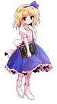 alice_margatroid alice_margatroid_(pc-98) alphes_(style) bangs bare_arms blonde_hair blue_hairband blue_ribbon blue_skirt bobby_socks book buttons closed_mouth dairi english eyebrows eyebrows_visible_through_hair frilled_skirt frills full_body grimoire_of_alice hair_between_eyes hairband holding holding_book leg_up legs_apart open_book parody parted_bangs puffy_short_sleeves puffy_sleeves ribbon shirt short_hair short_sleeves skirt smile socks solo standing style_parody touhou touhou_(pc-98) transparent_background white_legwear white_shirt yellow_eyes 