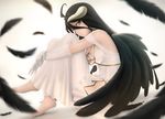  ahoge albedo barefoot black_hair black_wings breasts commentary_request demon_girl demon_horns dress elbow_gloves feathered_wings feathers gloves hip_vent horns large_breasts leg_hug long_hair looking_at_viewer overlord_(maruyama) siraha sitting solo white_dress white_gloves wings yellow_eyes 