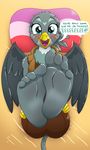  2018 anthro avian beak blush caroo clothed clothing dialogue english_text feet female foot_focus friendship_is_magic gabby_(mlp) humanoid_feet looking_at_viewer lying my_little_pony on_back soles solo text wings 