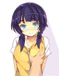  1girl bangs blue_eyes blush breast_grab breasts closed_mouth collarbone eyebrows_visible_through_hair grabbing head_tilt hetero kurasuke long_hair looking_at_viewer low_twintails medium_breasts original out_of_frame pov pov_hands purple_hair shirt short_sleeves smile solo_focus sweater_vest twintails white_background white_shirt 