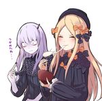  abigail_williams_(fate/grand_order) bangs black_bow black_dress black_hat blonde_hair blush bow bowl chopsticks closed_eyes commentary_request dress eating fate/grand_order fate_(series) food hair_bow hat holding holding_bowl holding_chopsticks lavinia_whateley_(fate/grand_order) long_hair long_sleeves mochi mochi_trail multiple_girls nigori_(keydoor) open_mouth orange_bow pale_skin polka_dot polka_dot_bow purple_hair red_eyes ribbed_dress short_sleeves translation_request upper_body wagashi white_background 