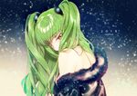  2018 alternate_hairstyle bangs blush c.c. code_geass commentary covered_mouth creayus eyebrows_visible_through_hair fur_trim green_hair long_hair looking_at_viewer no_bra off_shoulder petals solo twintails upper_body yellow_eyes 