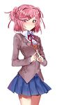  bangs blazer blue_skirt blush breasts closed_mouth collared_shirt commentary crossed_fingers doki_doki_literature_club english_commentary eyebrows_visible_through_hair eyes_visible_through_hair fingers_together frown grey_jacket hair_ornament hairclip highres jacket long_sleeves looking_at_viewer natsuki_(doki_doki_literature_club) pink_eyes pink_hair red_neckwear retto ribbon school_uniform shirt skirt small_breasts solo standing swept_bangs two_side_up vest white_shirt 