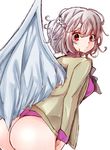  absurdres ass bangs braid breasts brown_jacket cowboy_shot eyebrows_visible_through_hair french_braid from_side grey_hair highres jacket kishin_sagume leaning_forward long_sleeves looking_at_viewer medium_breasts open_clothes open_jacket red_eyes shimashiro_itsuki short_hair simple_background single_wing solo touhou white_background white_wings wings 