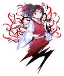  alphes_(style) black_hair closed_mouth collarbone cup dairi full_body hair_ribbon holding holding_sword holding_weapon katana konngara long_sleeves over_shoulder palms parody ponytail red_eyes red_ribbon red_skirt red_vest ribbon sakazuki shirt short_hair skirt skirt_set smile solo style_parody sword torn_clothes torn_ribbon touhou touhou_(pc-98) transparent_background vest weapon weapon_over_shoulder white_shirt wide_sleeves 