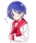  bangs blue_eyes blue_hair blush bow bowtie closed_mouth eyebrows_visible_through_hair head_tilt kurasuke long_sleeves looking_at_viewer matsubara_aoi nose_blush red_neckwear school_uniform serafuku shirt short_hair simple_background solo to_heart upper_body white_background white_shirt 