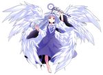  absurdly_long_hair alphes_(style) angel angel_wings bangs bare_legs barefoot blue_hair breasts closed_mouth collared_shirt dairi dress eyebrows eyebrows_visible_through_hair feathered_wings feathers full_body hair_intakes highres holding holding_wand left-handed long_hair long_sleeves looking_at_viewer multiple_wings palms parody parted_bangs purple_dress red_eyes sariel seraph shirt small_breasts smile solo style_parody touhou touhou_(pc-98) transparent_background undershirt very_long_hair wand white_shirt white_wings wide_sleeves wings 