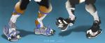  2018 4_toes anthro arin_michaelis bernese_mountain_dog border_collie canine claws clothing collie digital_media_(artwork) dog duo foot_shot footwear fur hi_res legwear lucas_(lucasreturns) male mammal pawpads paws redwolfmoon shoes simple_background socks toe_claws toes torn_bottomwear torn_clothing torn_socks transformation 