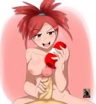  1girl artificial_vagina asuna_(pokemon) gym_leader nintendo penis pokemon pokemon_(game) pokemon_rse ponytail red_eyes red_hair 
